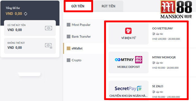 3 ví điện tử mà M88 hỗ trợ thực hiện nạp tiền