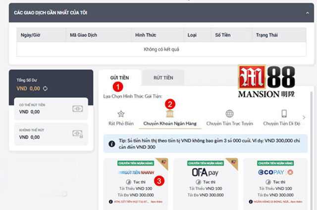Hướng dẫn nạp tiền M88 với chuyển khoản ngân hàng