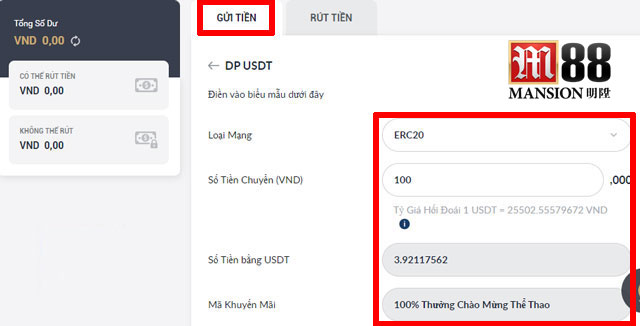 Quy trình thực hiện gửi tiền vào M88 với USDT